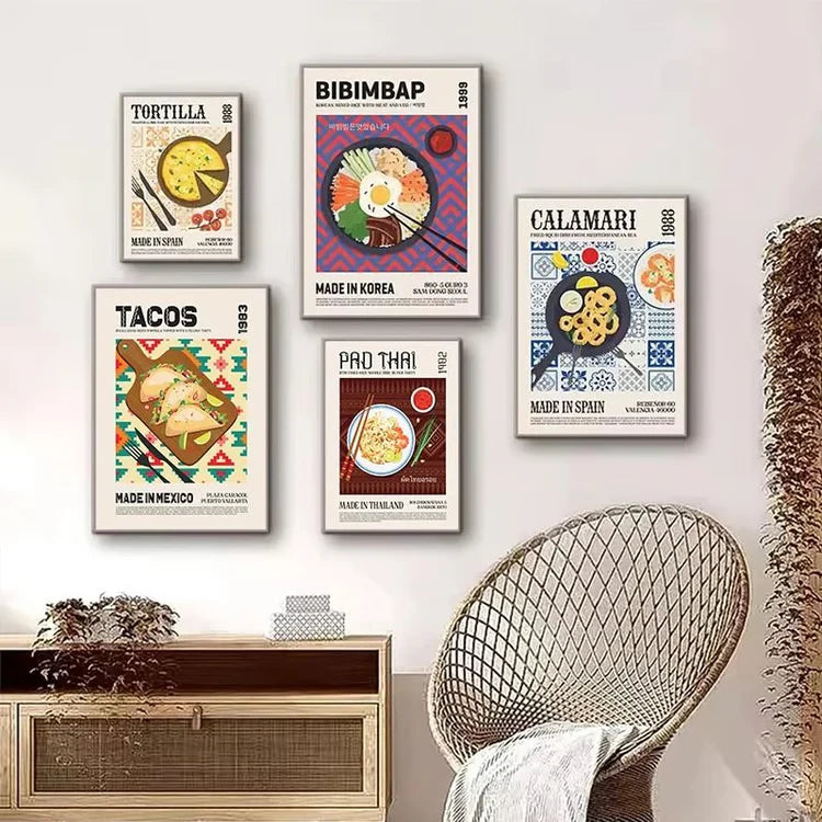 Global Cuisine Canvas Painting – Delicious Food Wall Art Poster – Ravioli, Ramen, Coffee & Pizza Prints for Modern Kitch