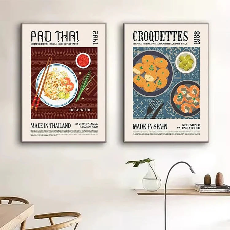 Global Cuisine Canvas Painting – Delicious Food Wall Art Poster – Ravioli, Ramen, Coffee & Pizza Prints for Modern Kitch