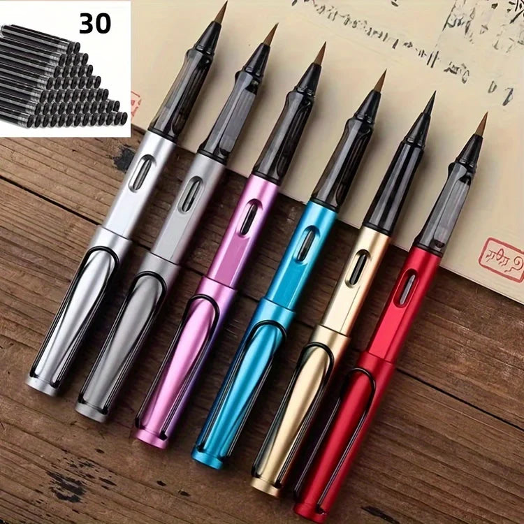6 Pen-Type Brush Ink Sac 30 Black, Small Calligraphy Pen Soft Brush Small Block, Metal Brush Can Add Ink Water Wolf Pen