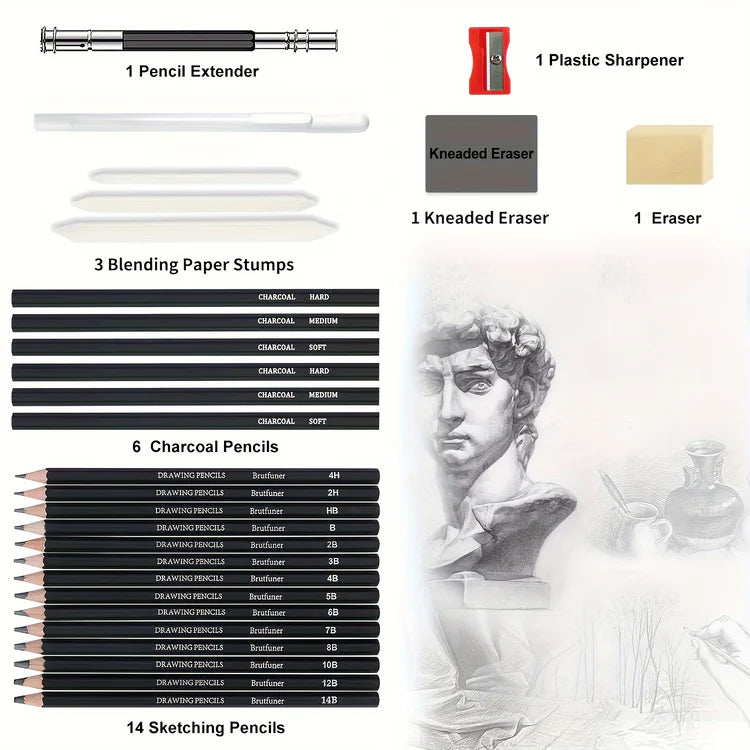 Professional Drawing Pencils Sketch Pencil Art Kit with Graphite, Charcoal & Blending Stump, Sketching Set for Artists