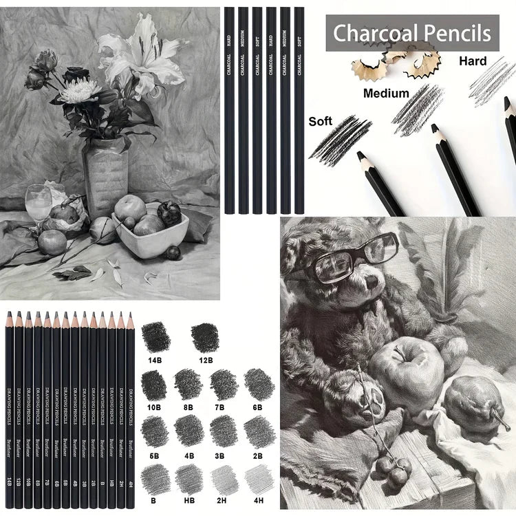 Professional Drawing Pencils Sketch Pencil Art Kit with Graphite, Charcoal & Blending Stump, Sketching Set for Artists