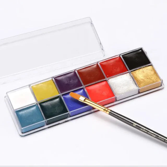 12 Color Face Body Art Painting Palette, Body Painting Drama Clown Makeup, Halloween Christmas Party Makeup Tools