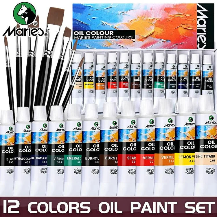 Marie's 19 Piece Oil Paint Set with 12 Colors Pigments and 7 Brushes Artist Painting Kit